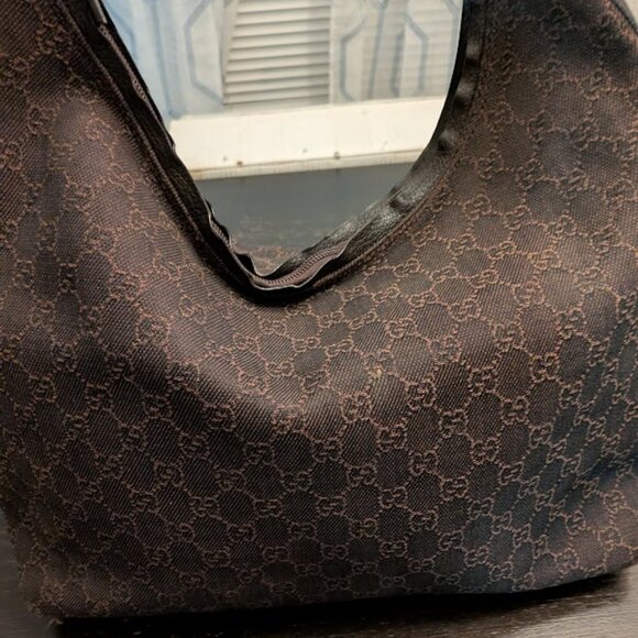 🤞LAST DROP🤞GUCCI Denim Monogram Hobo Dark Brown w/ Dust Bag - Picture 2 of 13